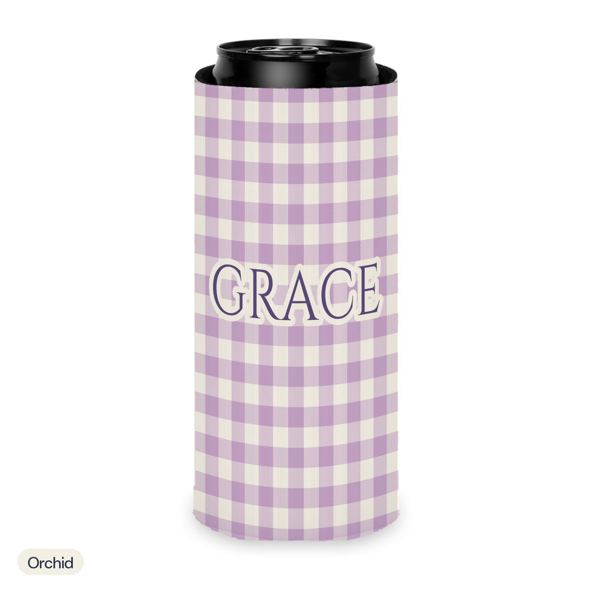 Custom name can cooler, Gingham, Slim, Orchid