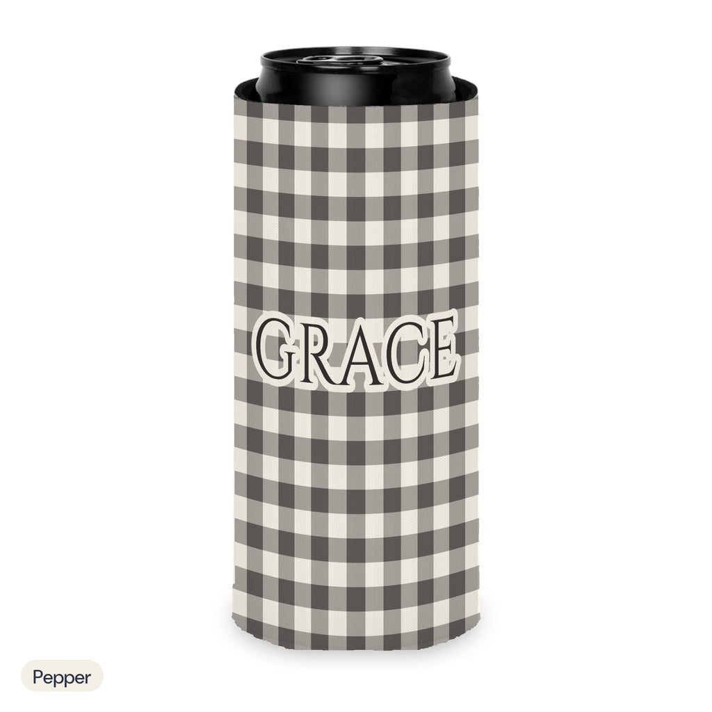 Custom name can cooler, Gingham, Slim, Pepper