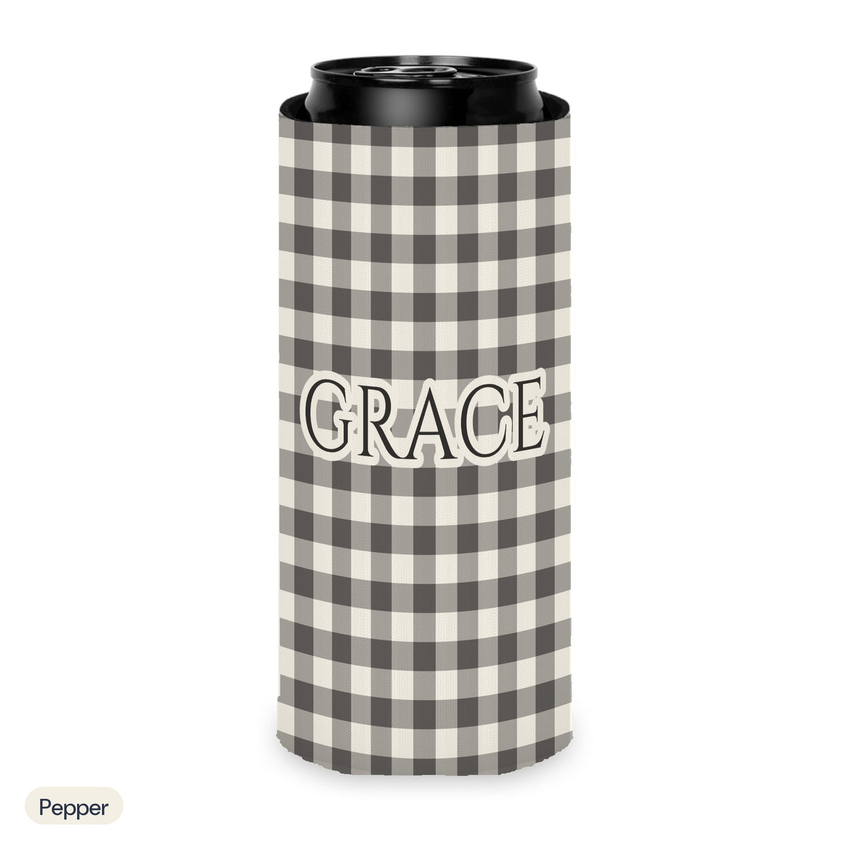 Custom name can cooler, Gingham, Slim, Pepper