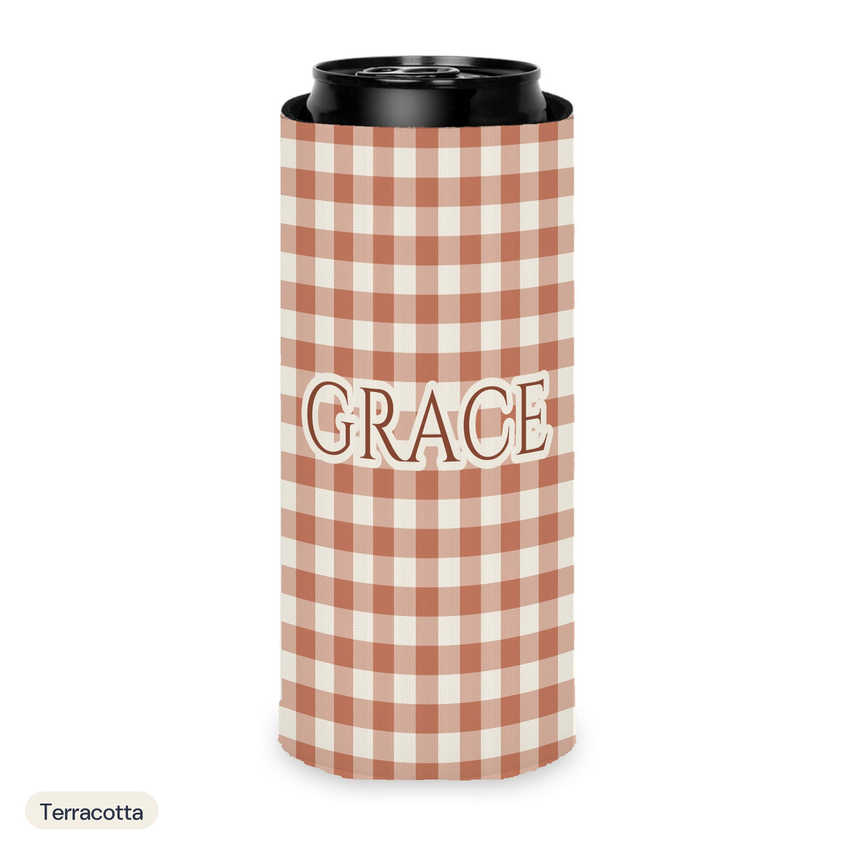 Custom name can cooler, Gingham, Slim, Terracotta