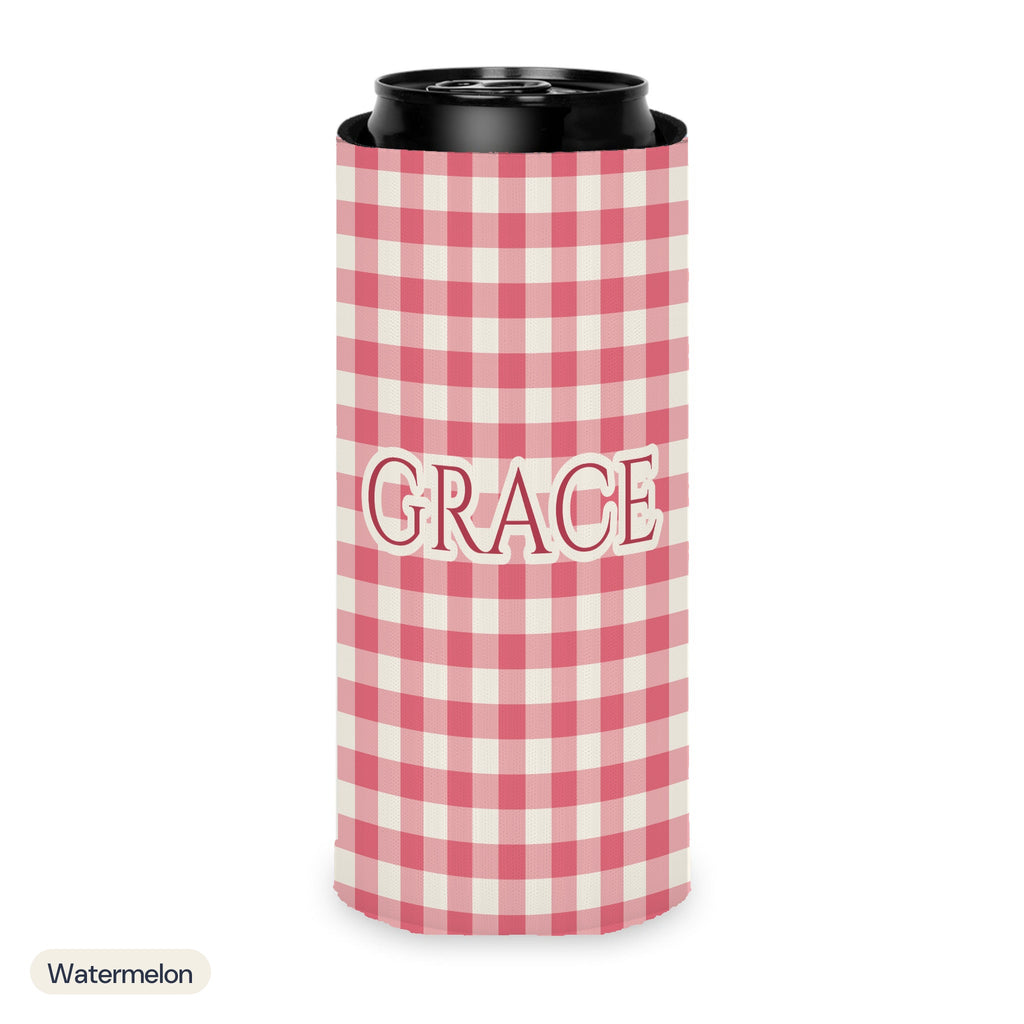 Custom name can cooler, Gingham, Slim, Watermelon
