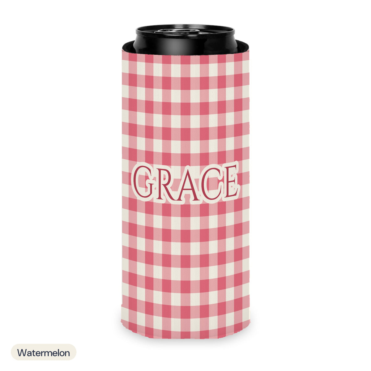 Custom name can cooler, Gingham, Slim, Watermelon