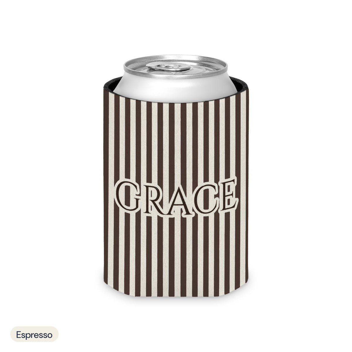 Custom name can cooler, Pinstripe, Regular, Espresso