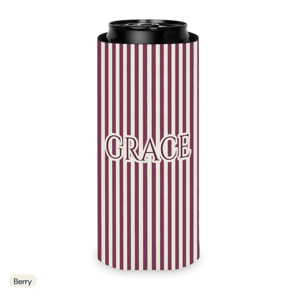 Custom name can cooler, Pinstripe, Slim, Berry