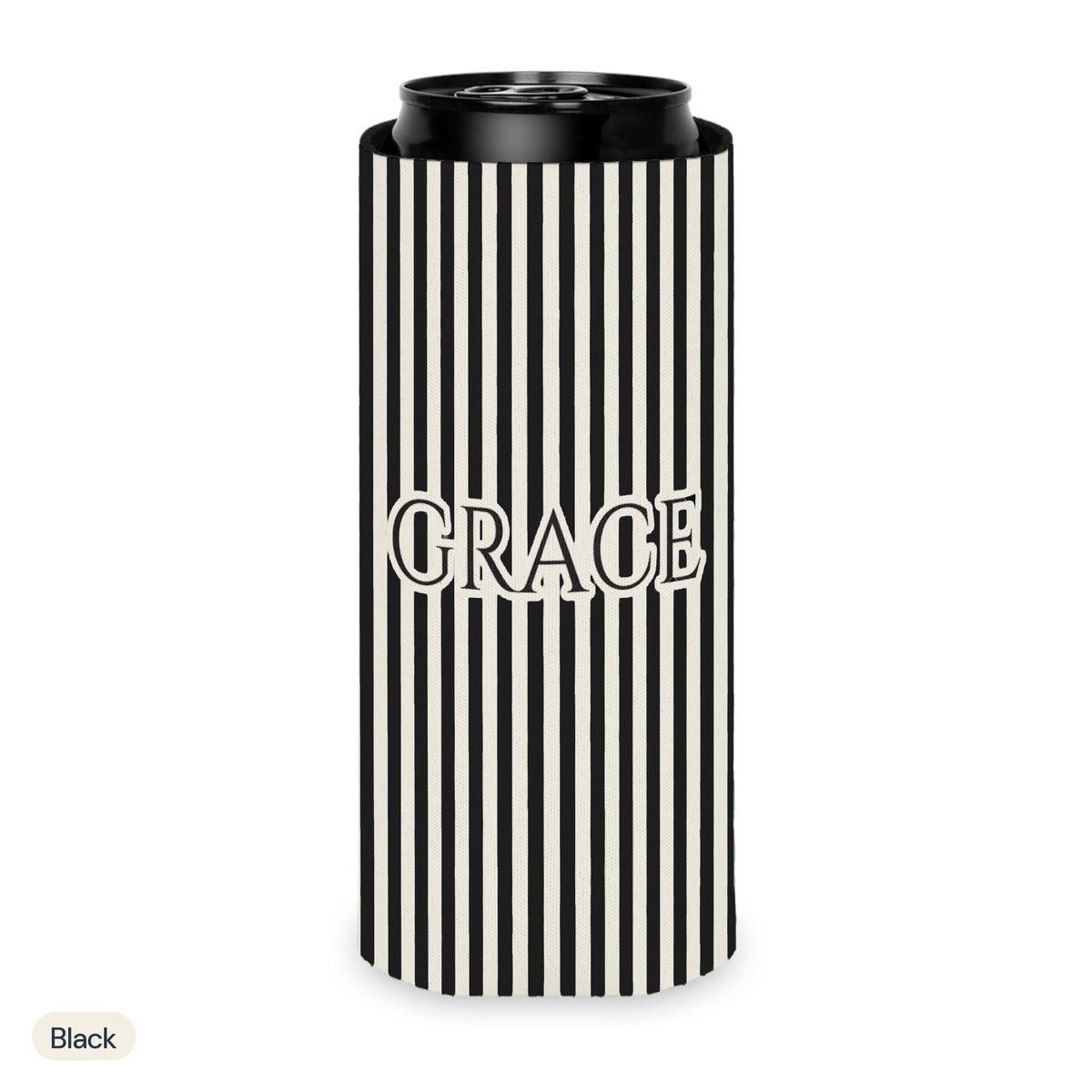 Custom name can cooler, Pinstripe, Slim, Black