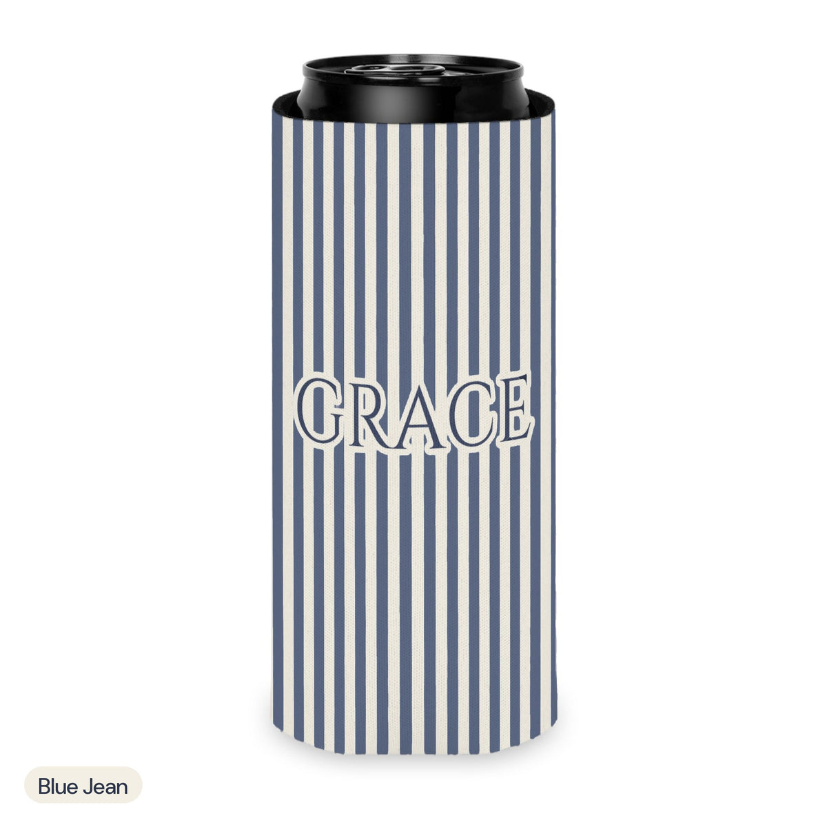 Custom name can cooler, Pinstripe, Slim, Blue Jean
