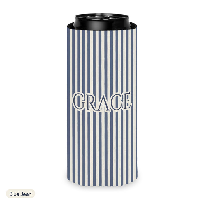 Custom name can cooler, Pinstripe, Slim, Blue Jean