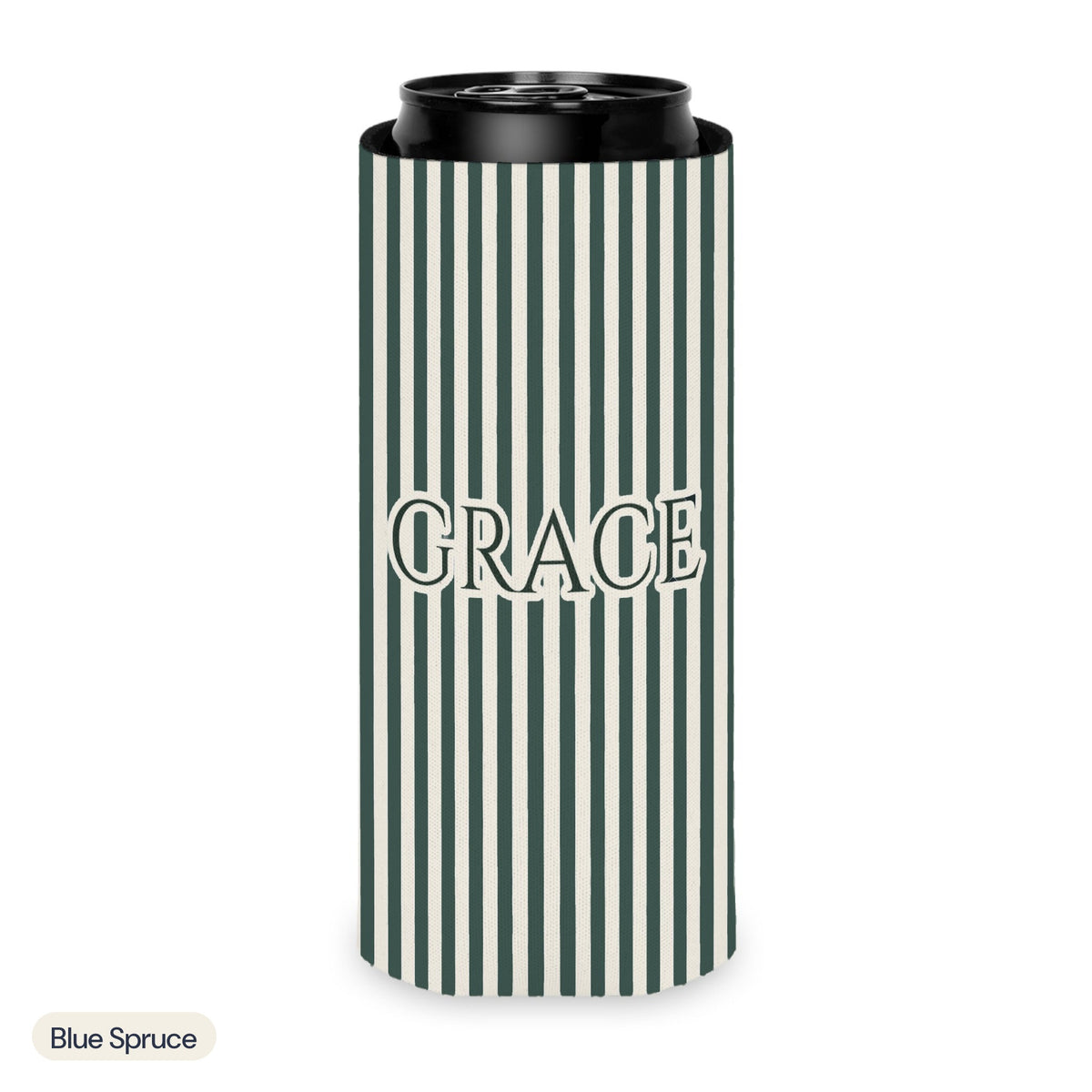 Custom name can cooler, Pinstripe, Slim, Blue Spruce