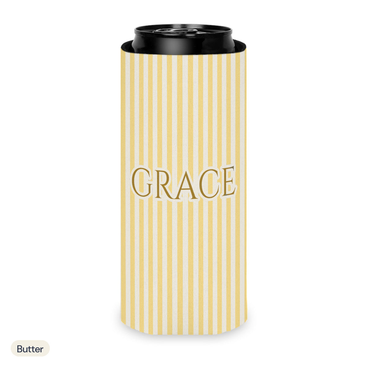 Custom name can cooler, Pinstripe, Slim, Butter