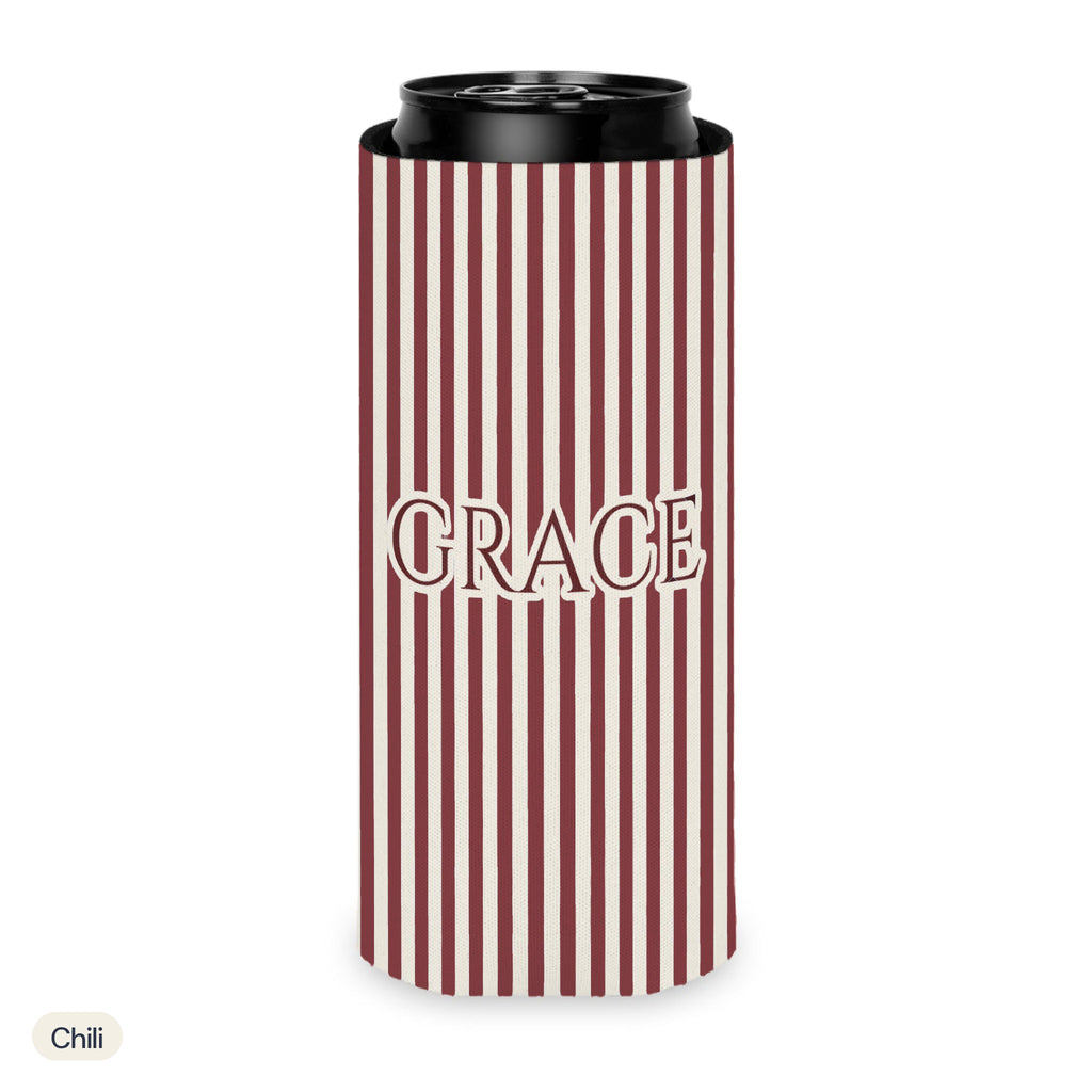 Custom name can cooler, Pinstripe, Slim, Chili
