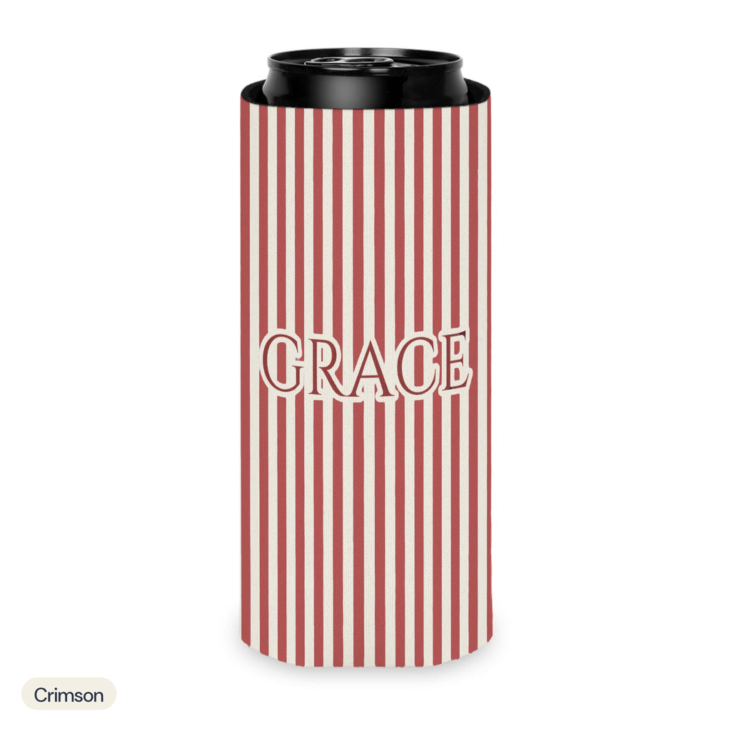 Custom name can cooler, Pinstripe, Slim, Crimson