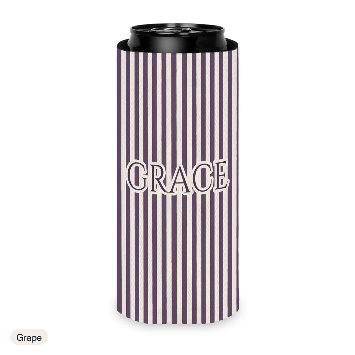 Custom name can cooler, Pinstripe, Slim, Grape