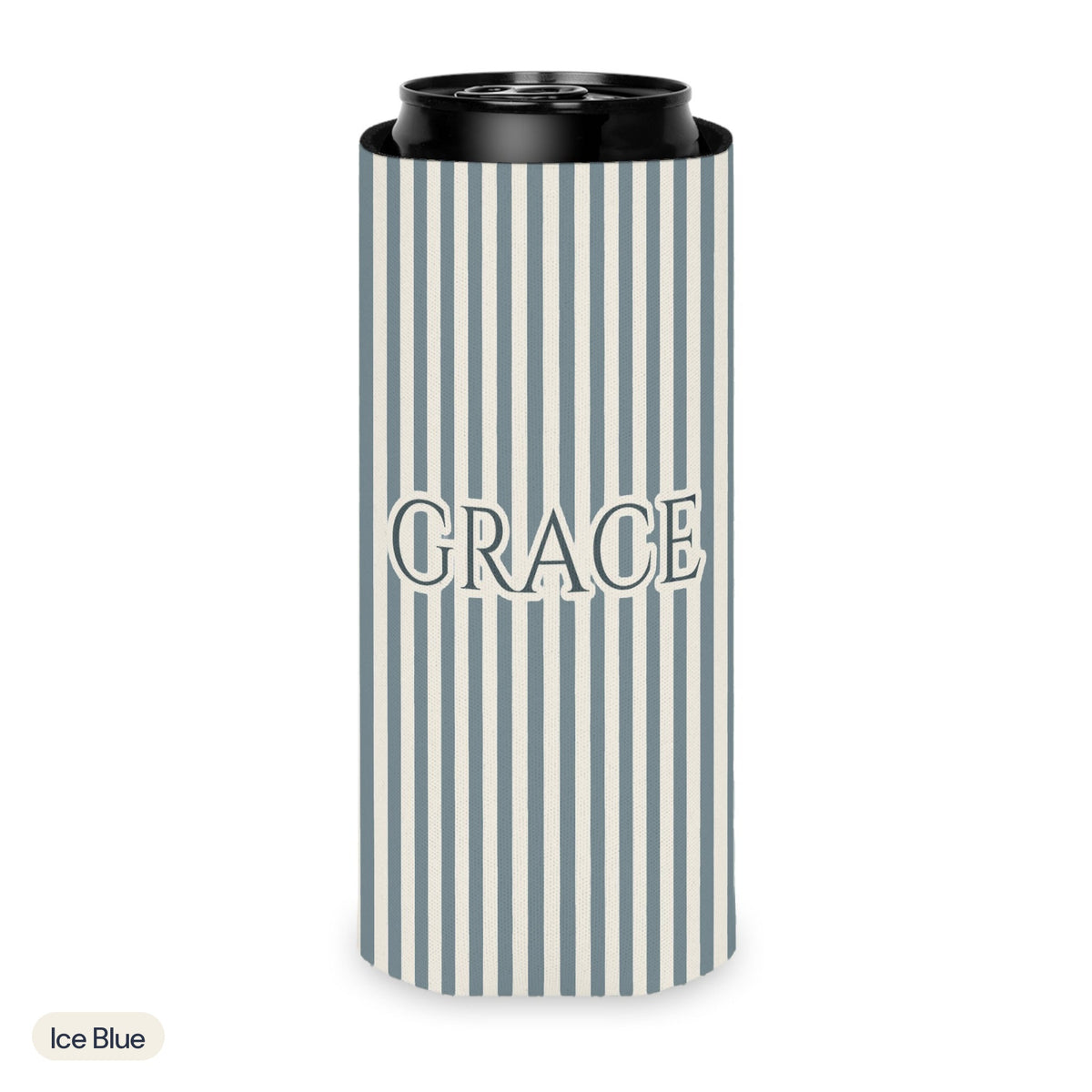 Custom name can cooler, Pinstripe, Slim, Ice Blue