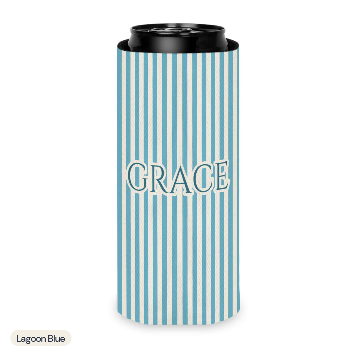 Custom name can cooler, Pinstripe, Slim, Lagoon Blue
