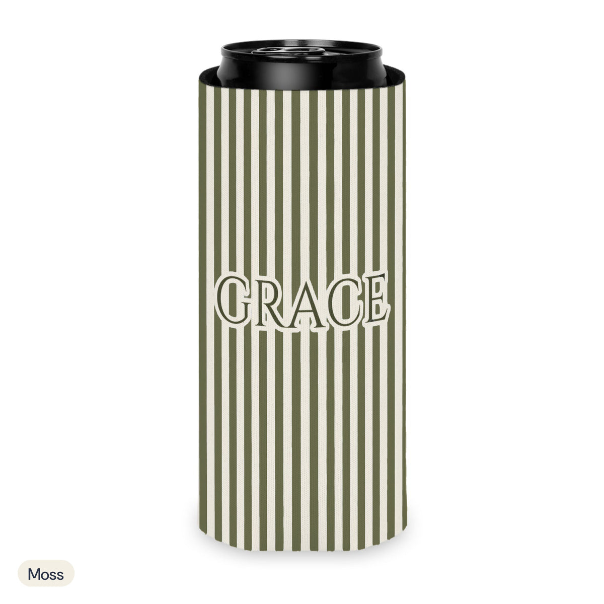 Custom name can cooler, Pinstripe, Slim, Moss