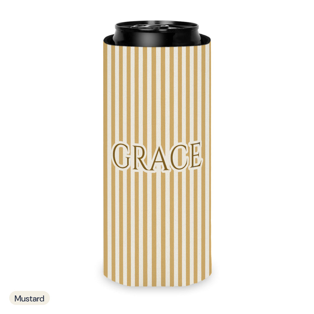Custom name can cooler, Pinstripe, Slim, Mustard