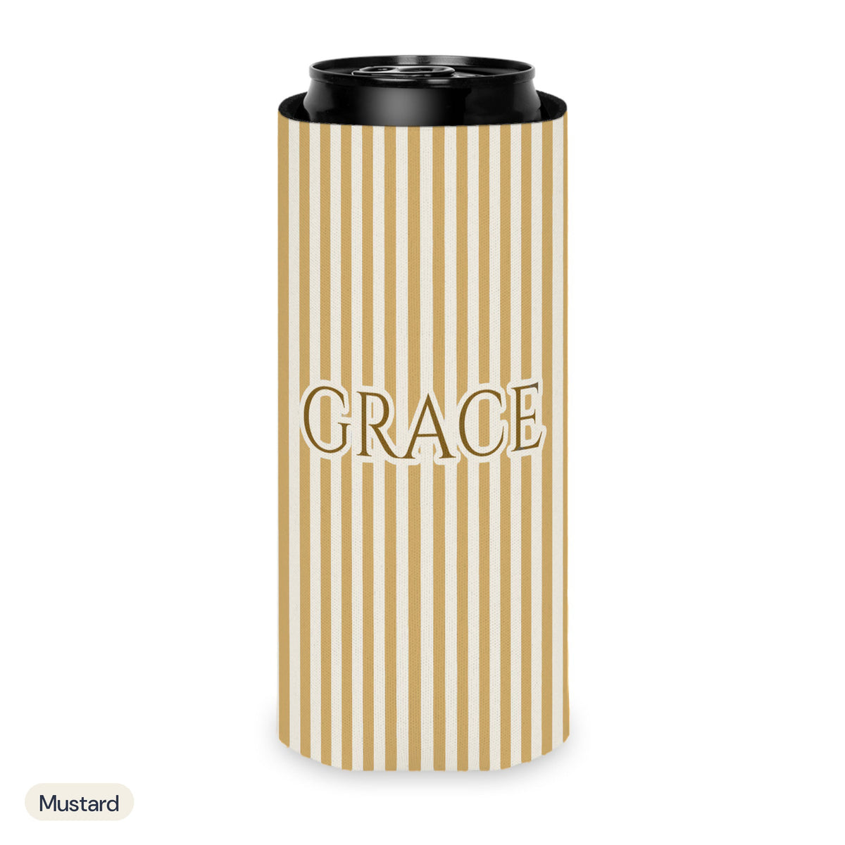 Custom name can cooler, Pinstripe, Slim, Mustard