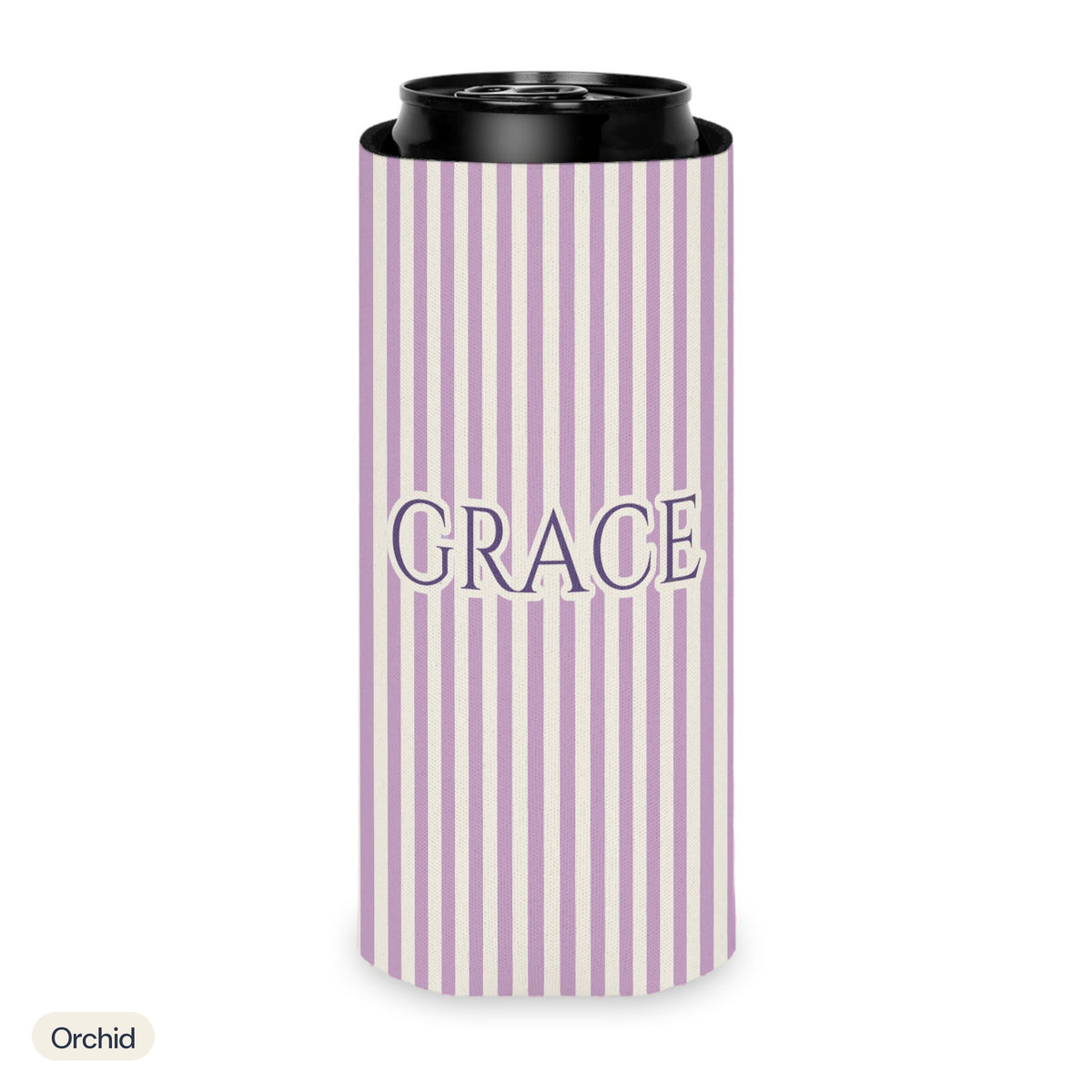 Custom name can cooler, Pinstripe, Slim, Orchid