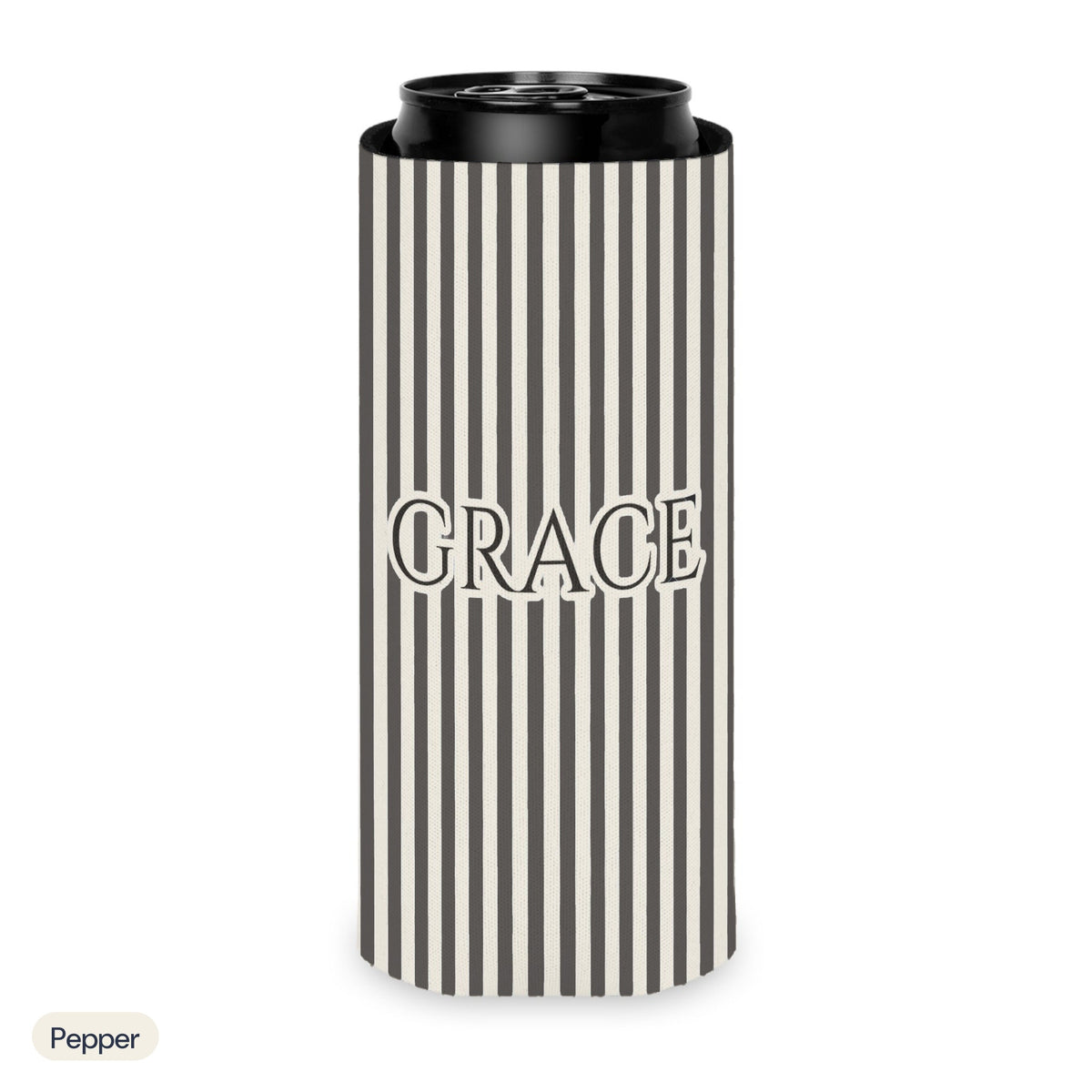 Custom name can cooler, Pinstripe, Slim, Pepper