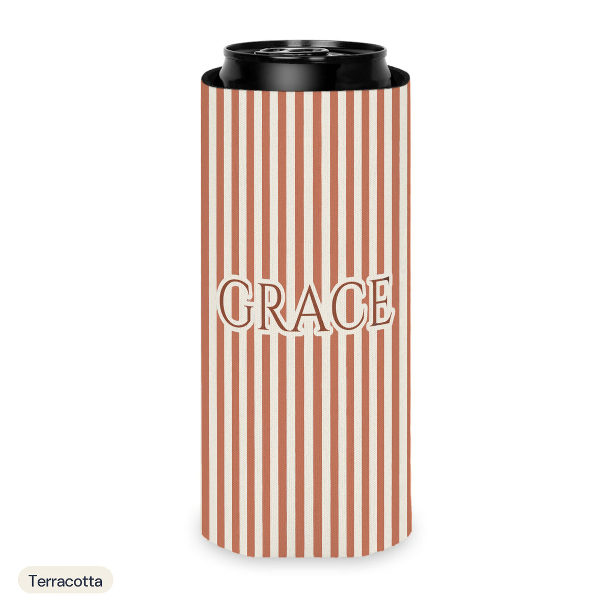 Custom name can cooler, Pinstripe, Slim, Terracotta