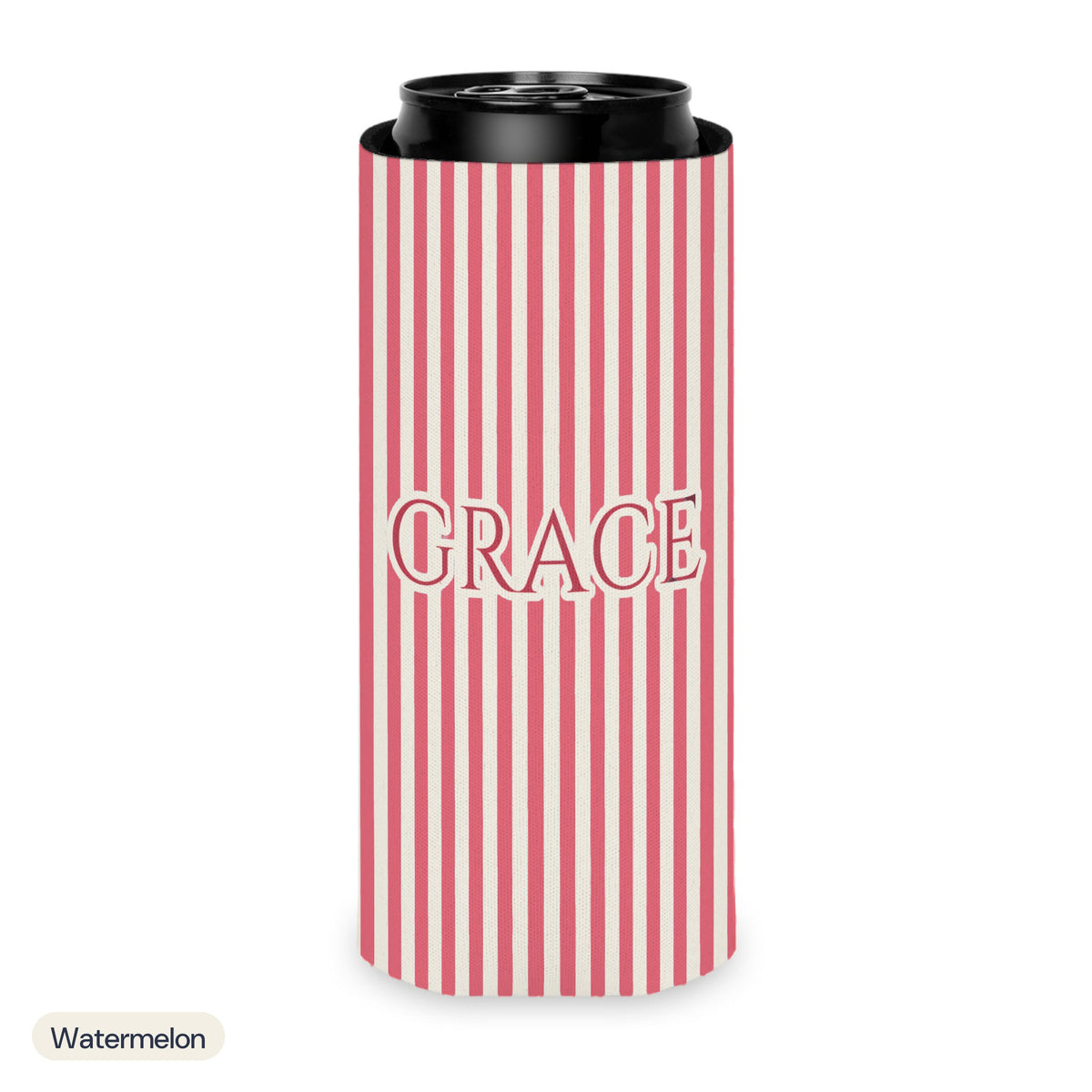 Custom name can cooler, Pinstripe, Slim, Watermelon