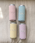 Four slim gingham name can coolers, each with a different name