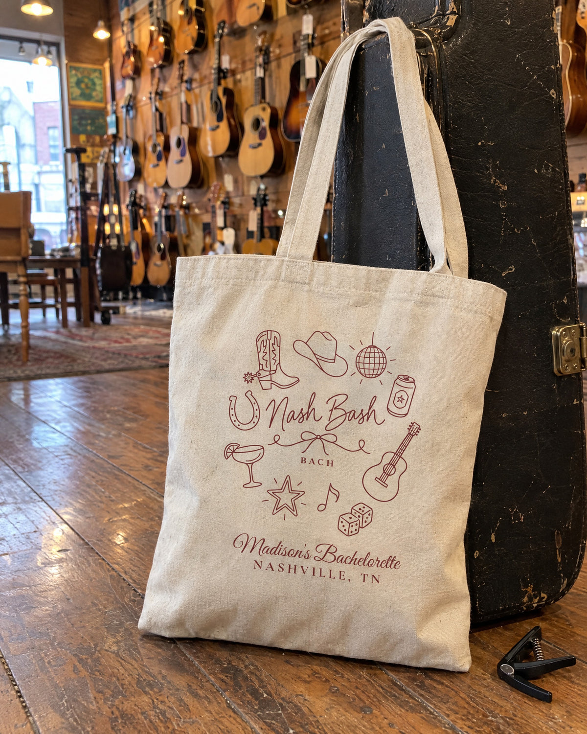 Nash Bash canvas tote bag on a bachelorette trip with the crew
