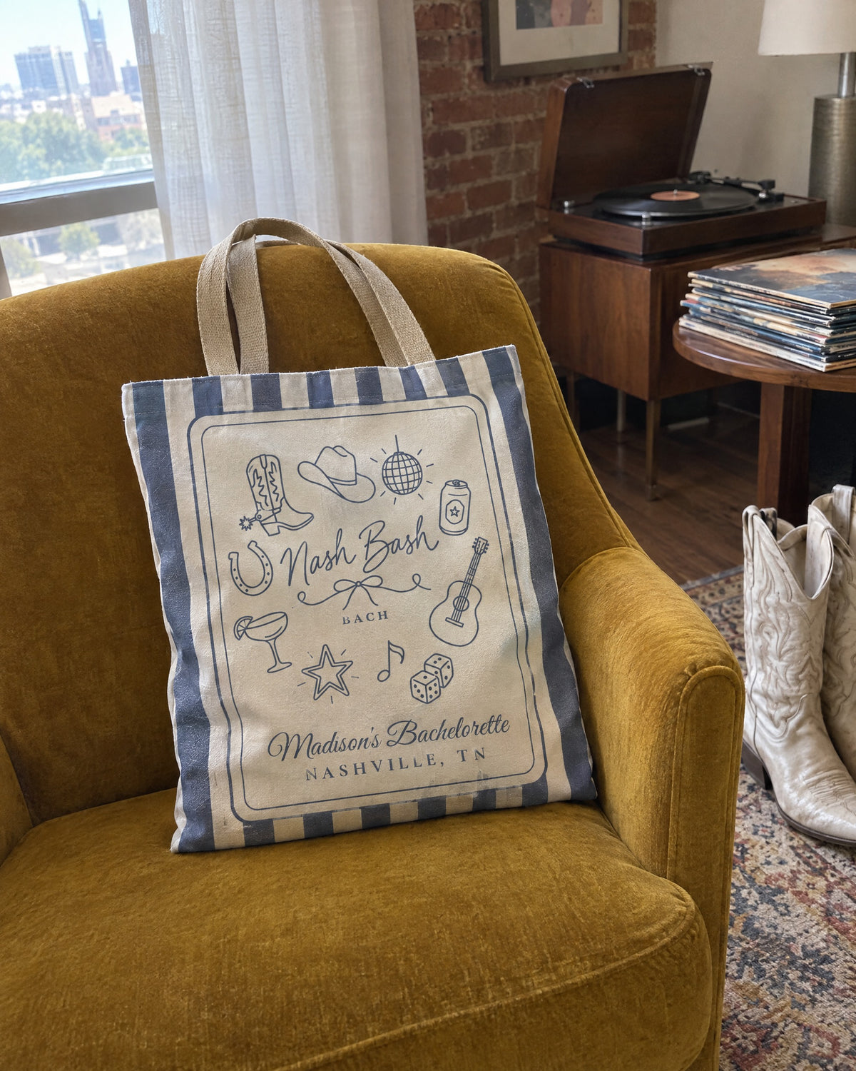 Nash Bash striped tote bag on a bachelorette trip with the crew