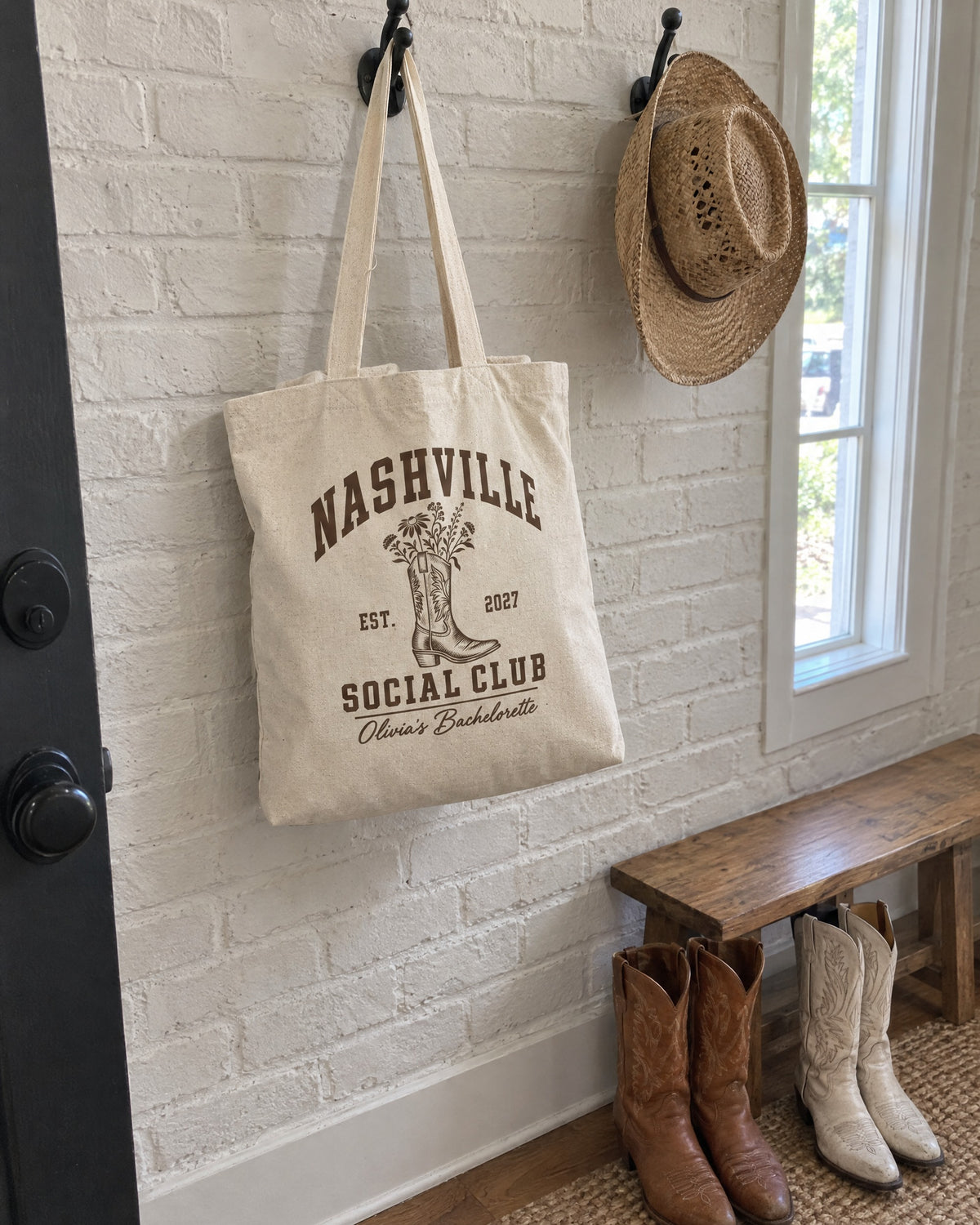 Nashville Social Club canvas tote bag on a bachelorette trip with the crew