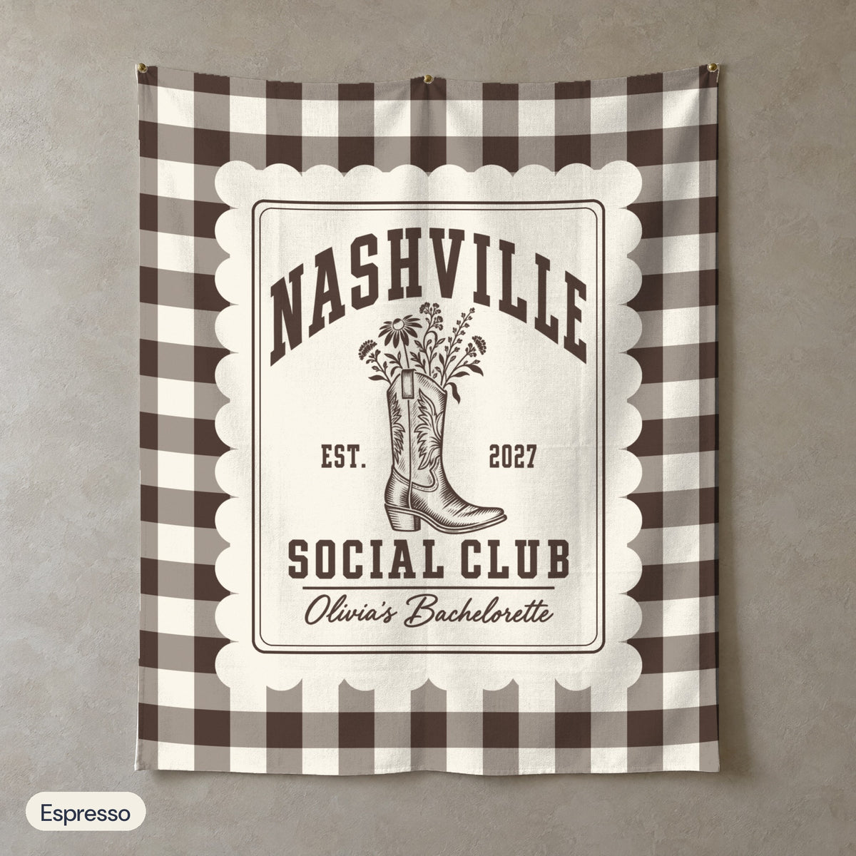 Nashville Social Club gingham scallop wall tapestry, Espresso