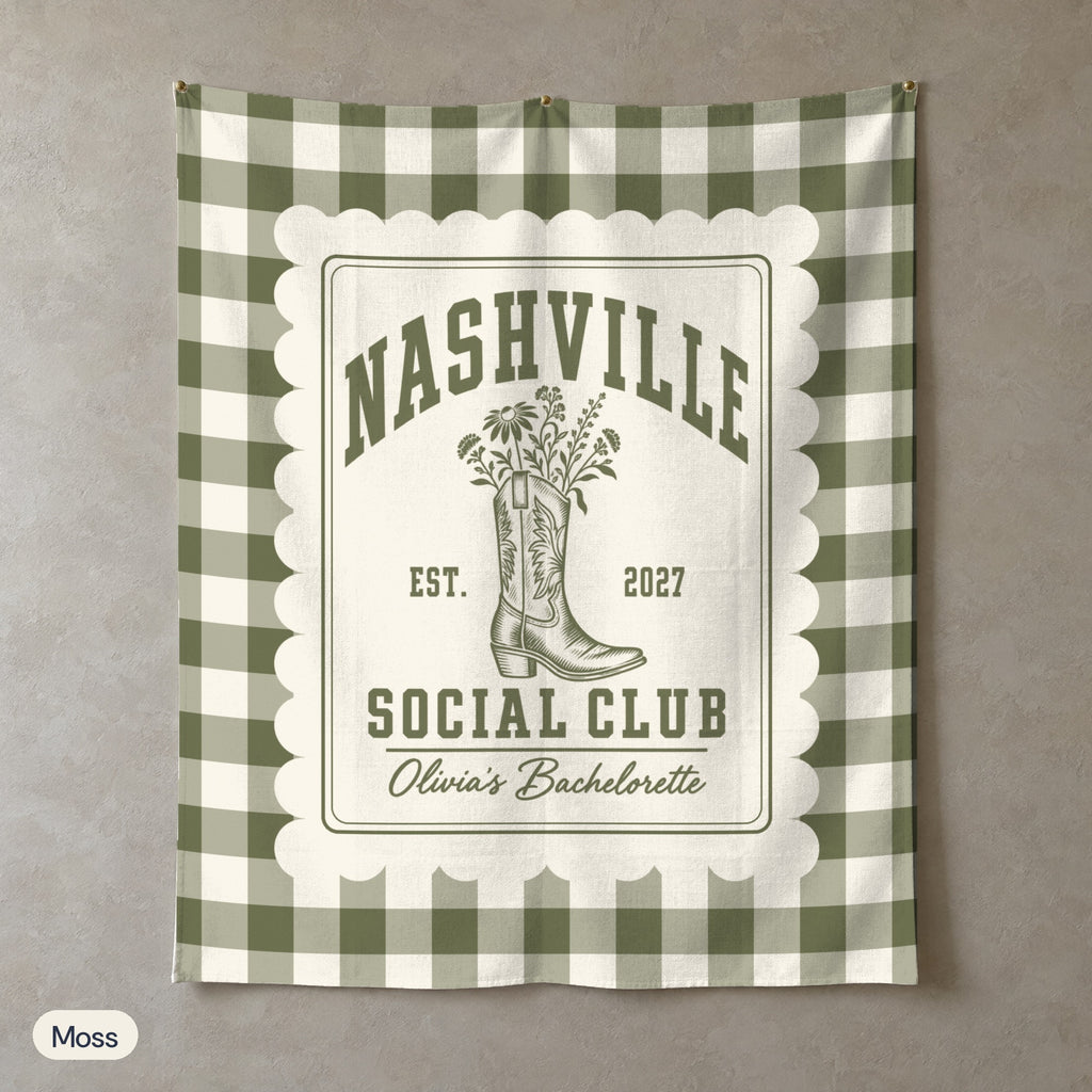 Nashville Social Club gingham scallop wall tapestry, Moss