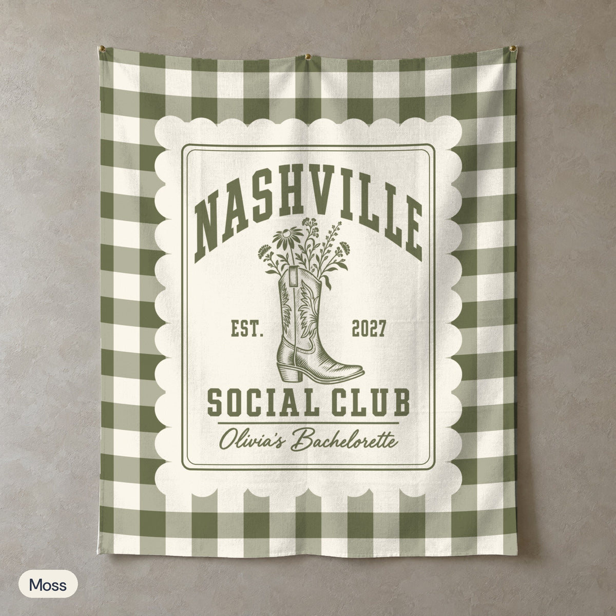 Nashville Social Club gingham scallop wall tapestry, Moss