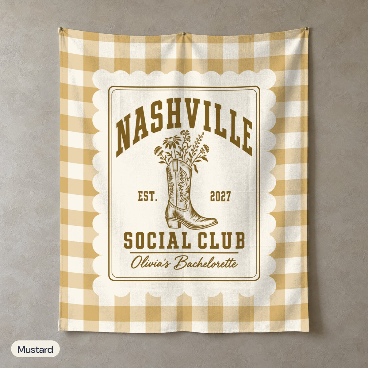 Nashville Social Club gingham scallop wall tapestry, Mustard