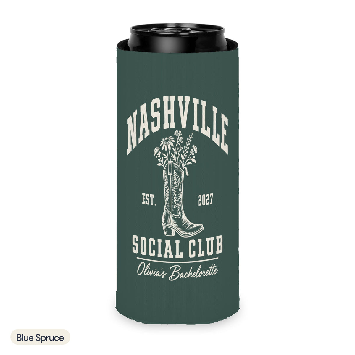 Nashville Social Club solid can cooler, Slim, Blue Spruce