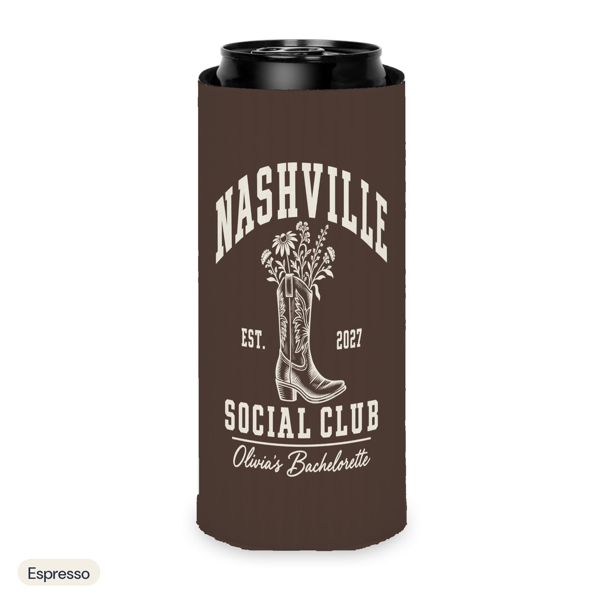 Nashville Social Club solid can cooler, Slim, Espresso
