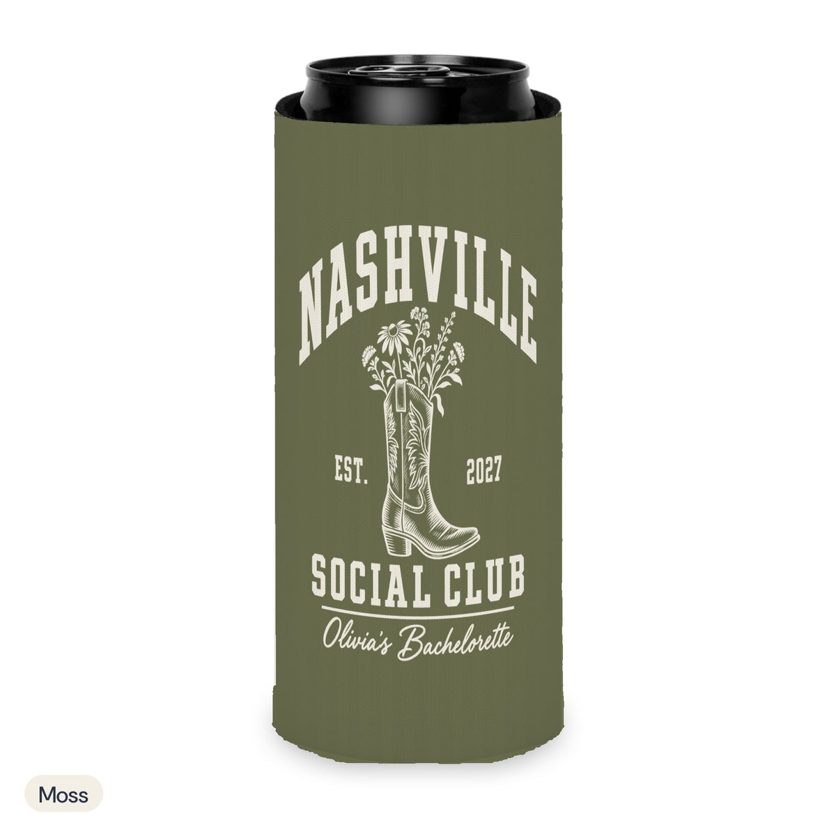 Nashville Social Club solid can cooler, Slim, Moss