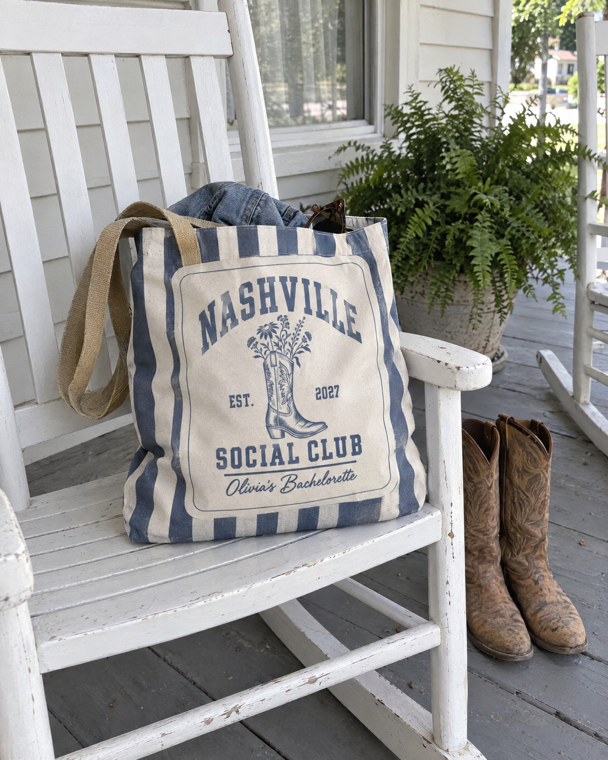 Nashville Social Club striped tote bag on a bachelorette trip with the crew