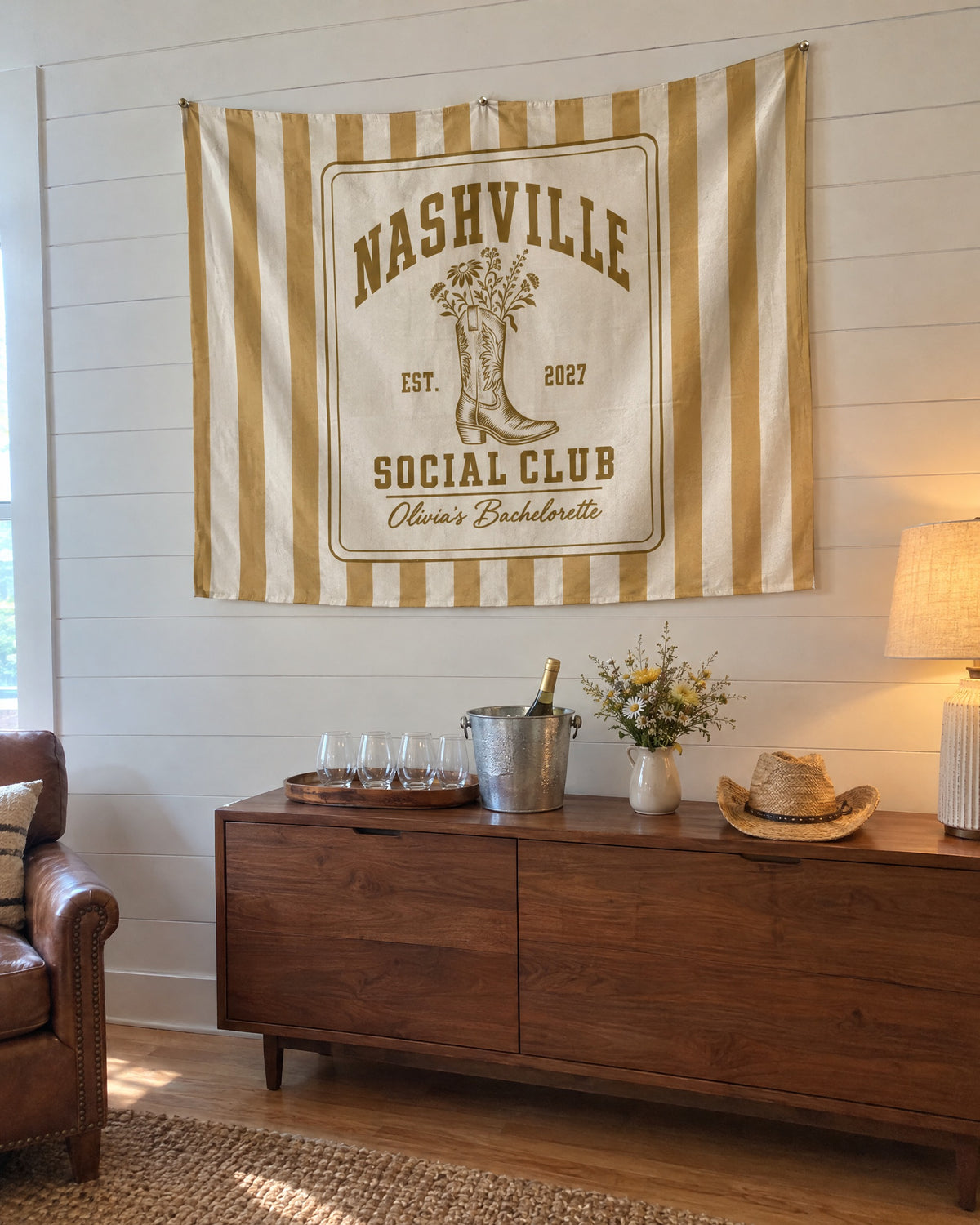 Nashville Social Club wall tapestry on a bachelorette trip with the crew