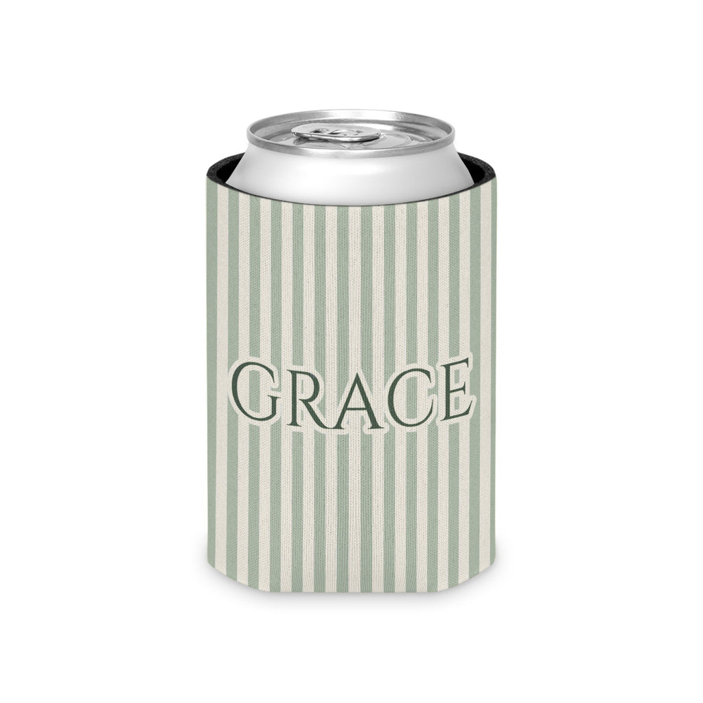 Custom Name Pinstripe Can Cooler, Regular, Bay pinstripes with the name in Deep Sage