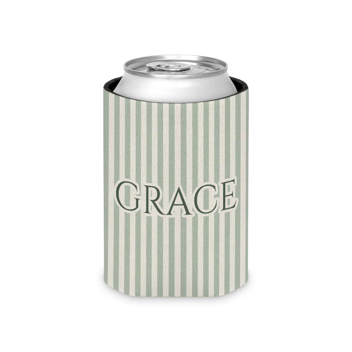 Custom Name Pinstripe Can Cooler, Regular, Bay pinstripes with the name in Deep Sage