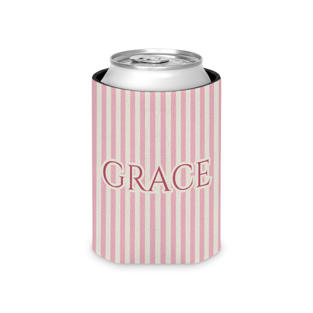 Custom Name Pinstripe Can Cooler, Regular, Blossom pinstripes with the name in Deep Rose