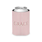 Custom Name Pinstripe Can Cooler, Regular, Blossom pinstripes with the name in Deep Rose