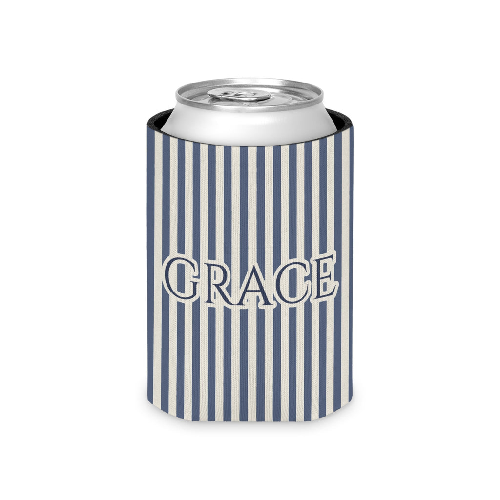Custom Name Pinstripe Can Cooler, Regular, Blue Jean pinstripes with the name in Deep Blue Jean