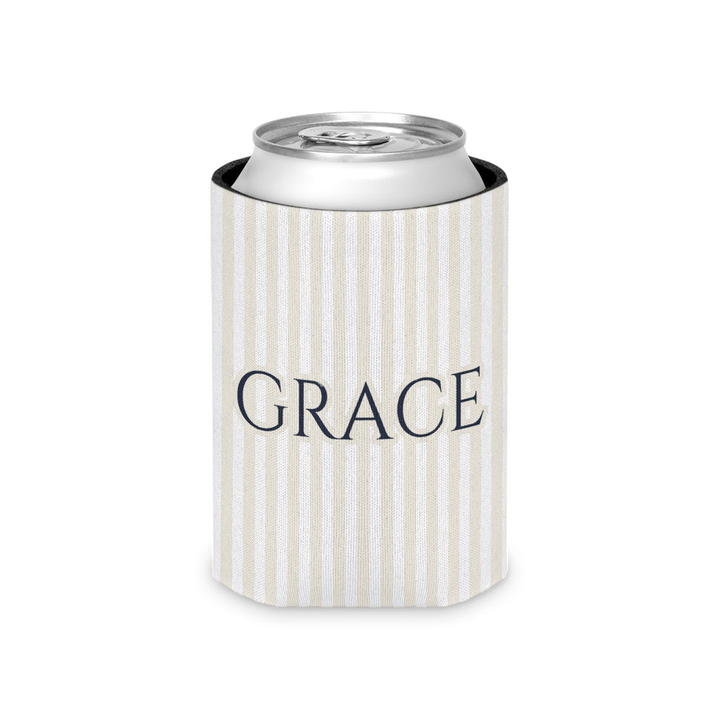 Custom Name Pinstripe Can Cooler, Regular, Bride: white pinstripes with the name in True Navy