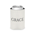 Custom Name Pinstripe Can Cooler, Regular, Bride: white pinstripes with the name in True Navy