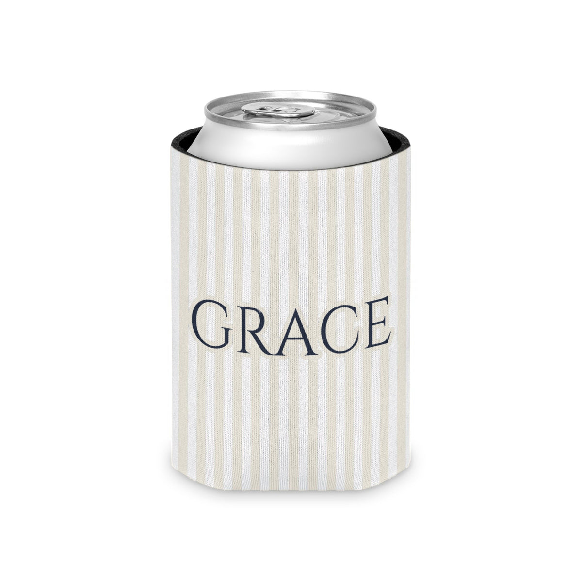 Custom Name Pinstripe Can Cooler, Regular, Bride: white pinstripes with the name in True Navy