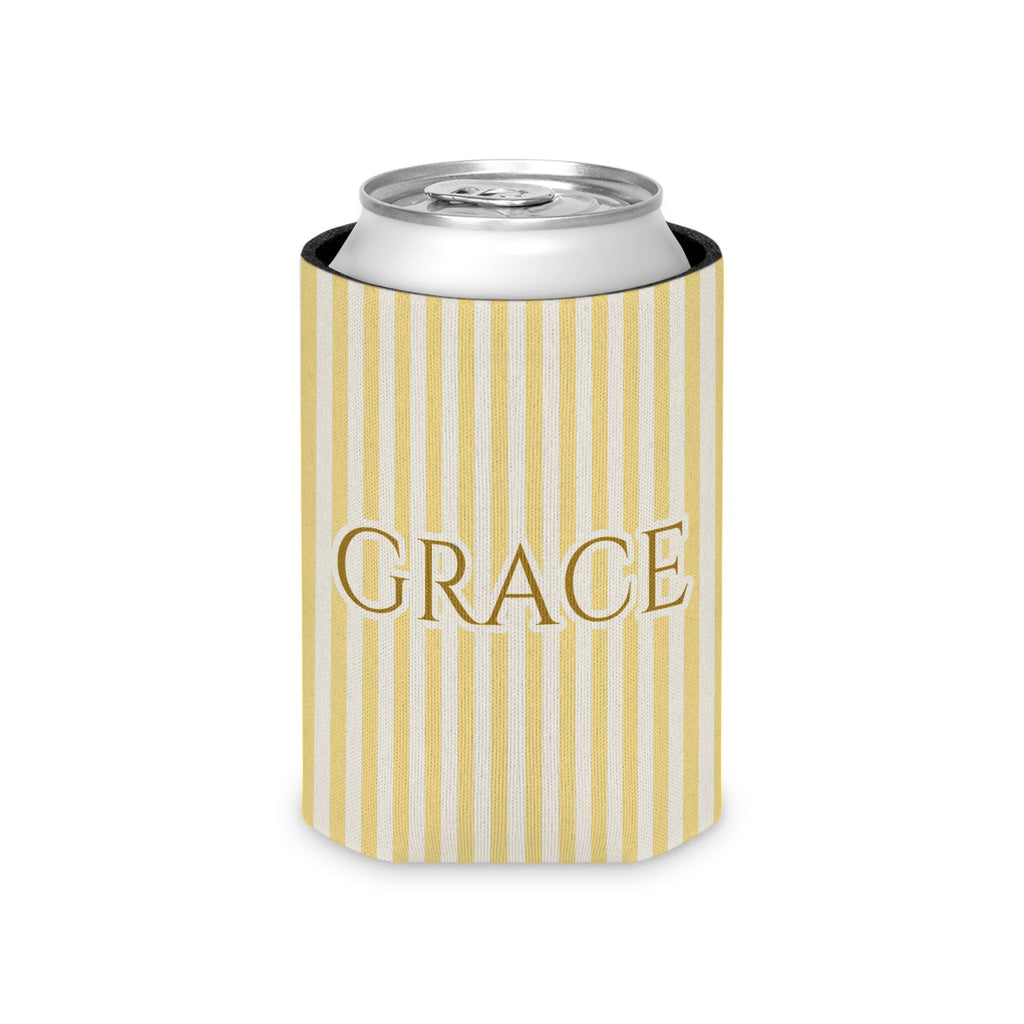 Custom Name Pinstripe Can Cooler, Regular, Butter pinstripes with the name in Deep Gold
