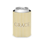 Custom Name Pinstripe Can Cooler, Regular, Butter pinstripes with the name in Deep Gold