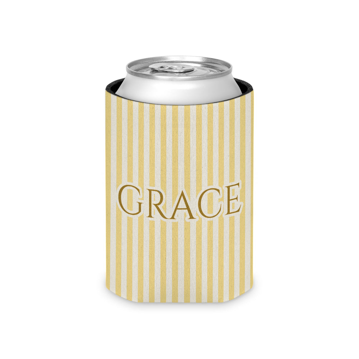 Custom Name Pinstripe Can Cooler, Regular, Butter pinstripes with the name in Deep Gold