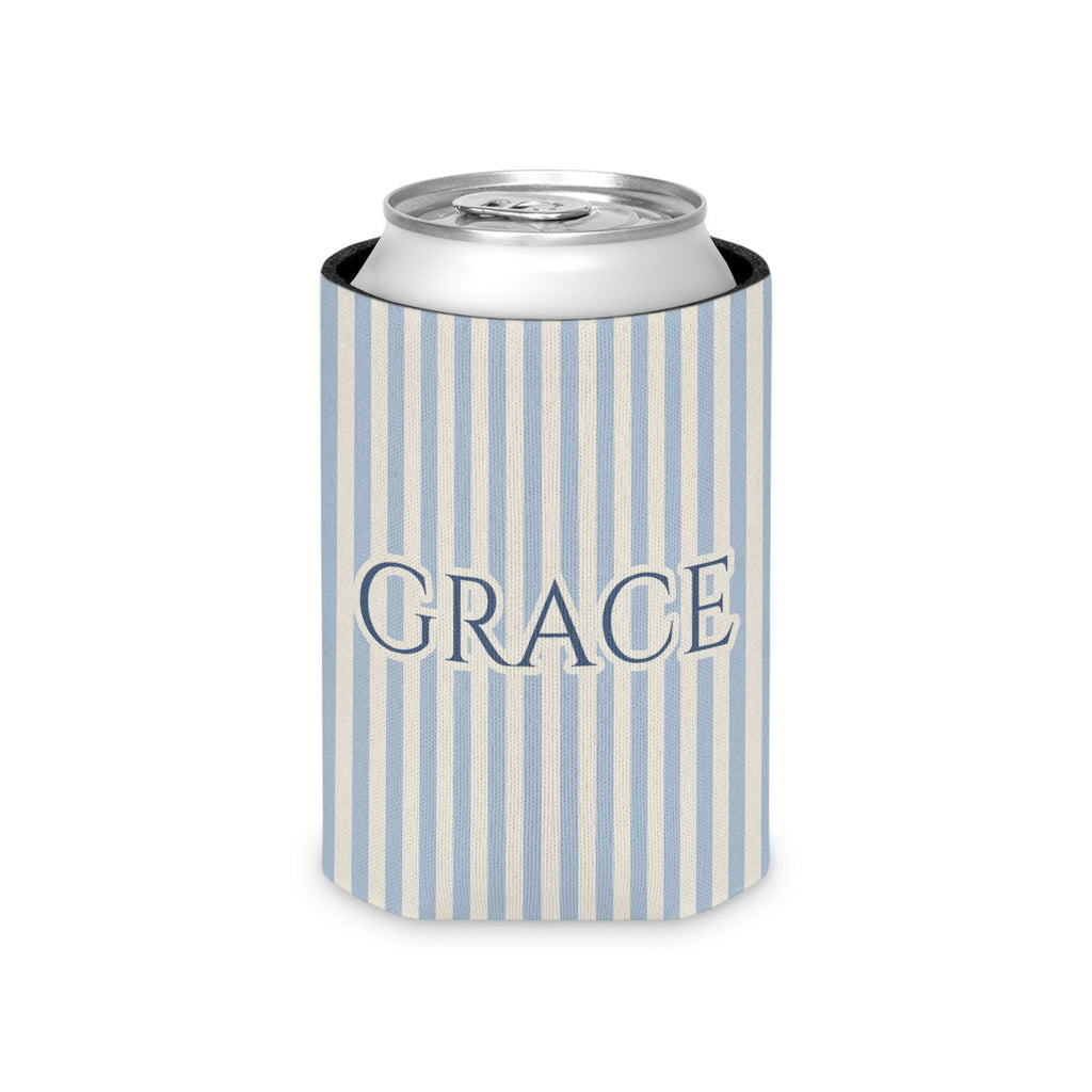 Custom Name Pinstripe Can Cooler, Regular, Chambray pinstripes with the name in Deep Chambray